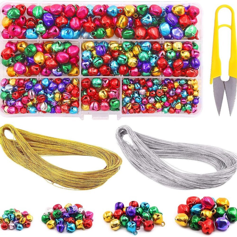 403Pcs Colorful 4 Sizes Christmas Jingle Bells Assortment Kit with 200m Gold Sli